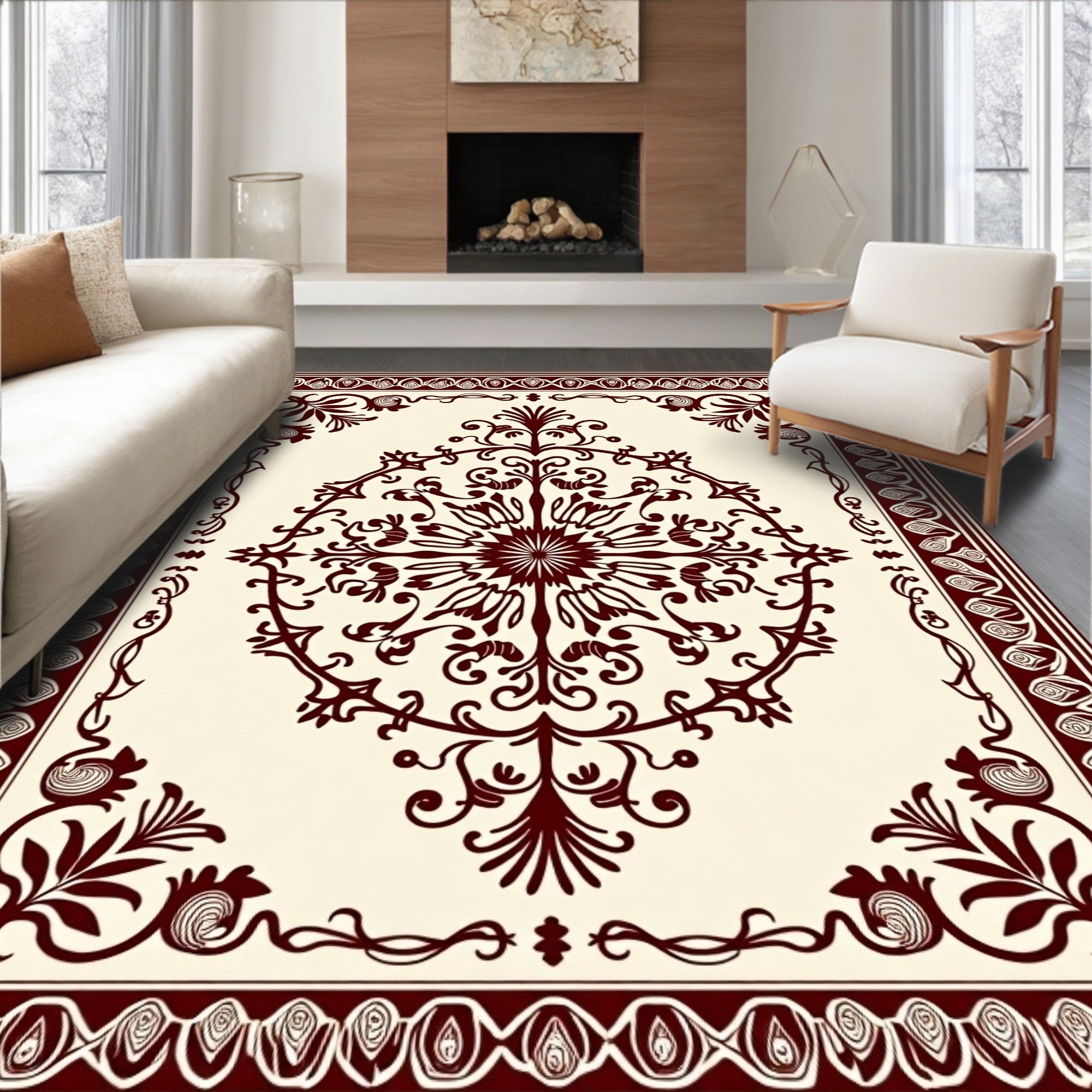 Crimson Baroque Floral Medallion Border Rug