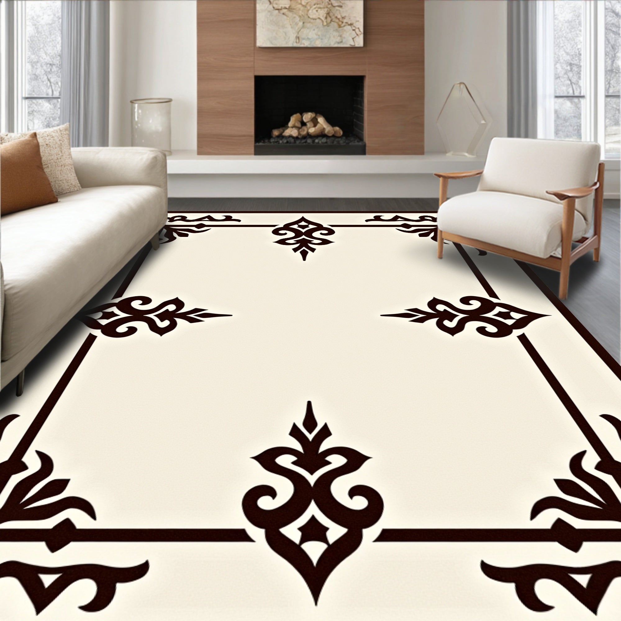 Ornate Ivory Brown Scrollwork Frame Rug