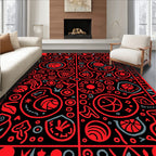 Bright Red Graphic Folk Art Rug