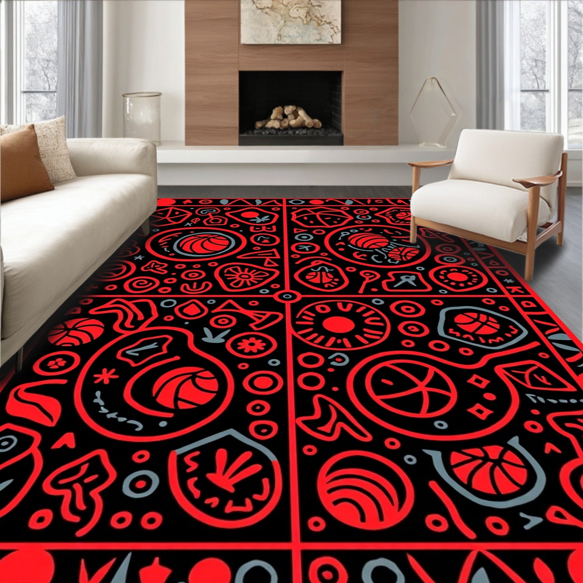 Bright Red Graphic Folk Art Rug