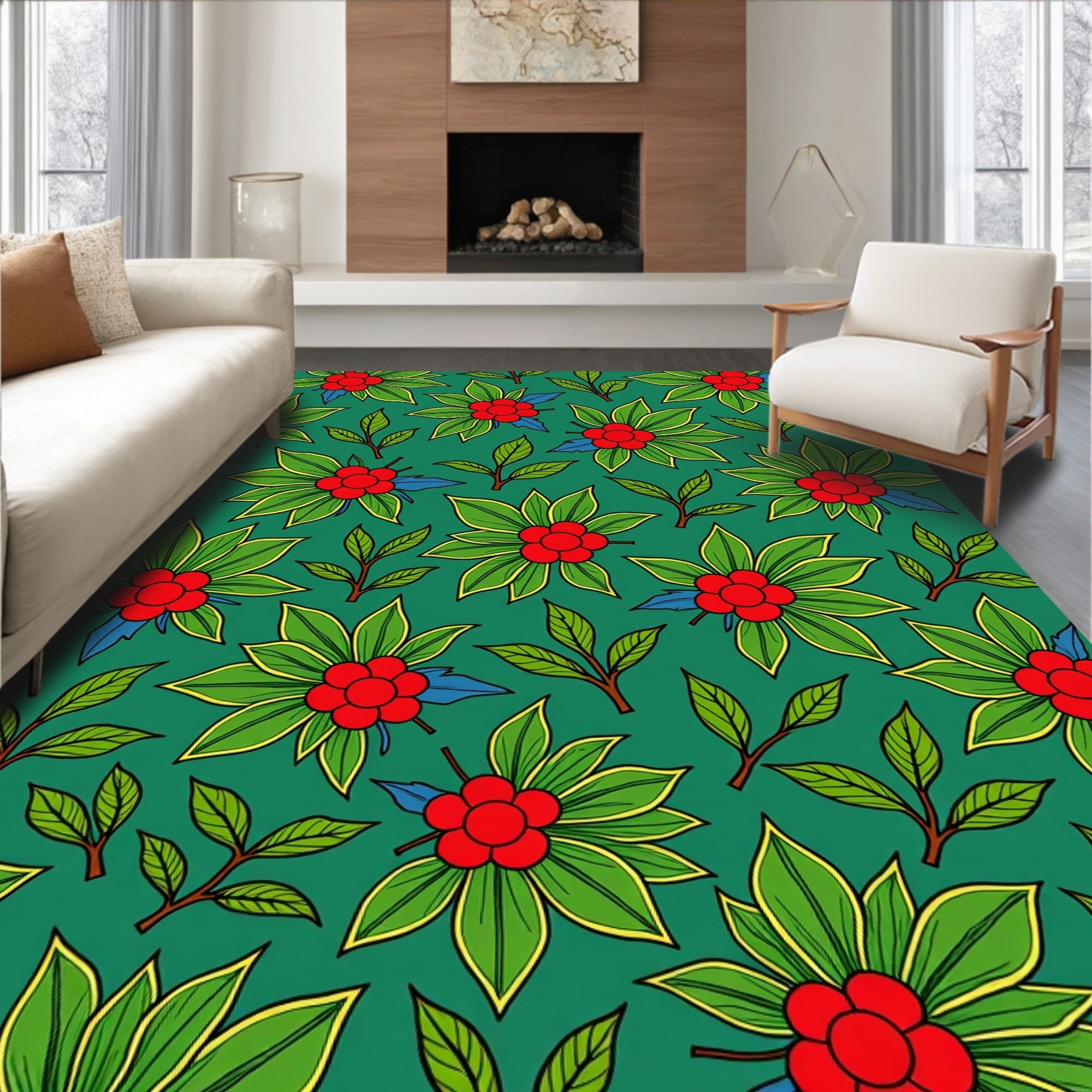 Vibrant Red Berry Green Foliage Rug