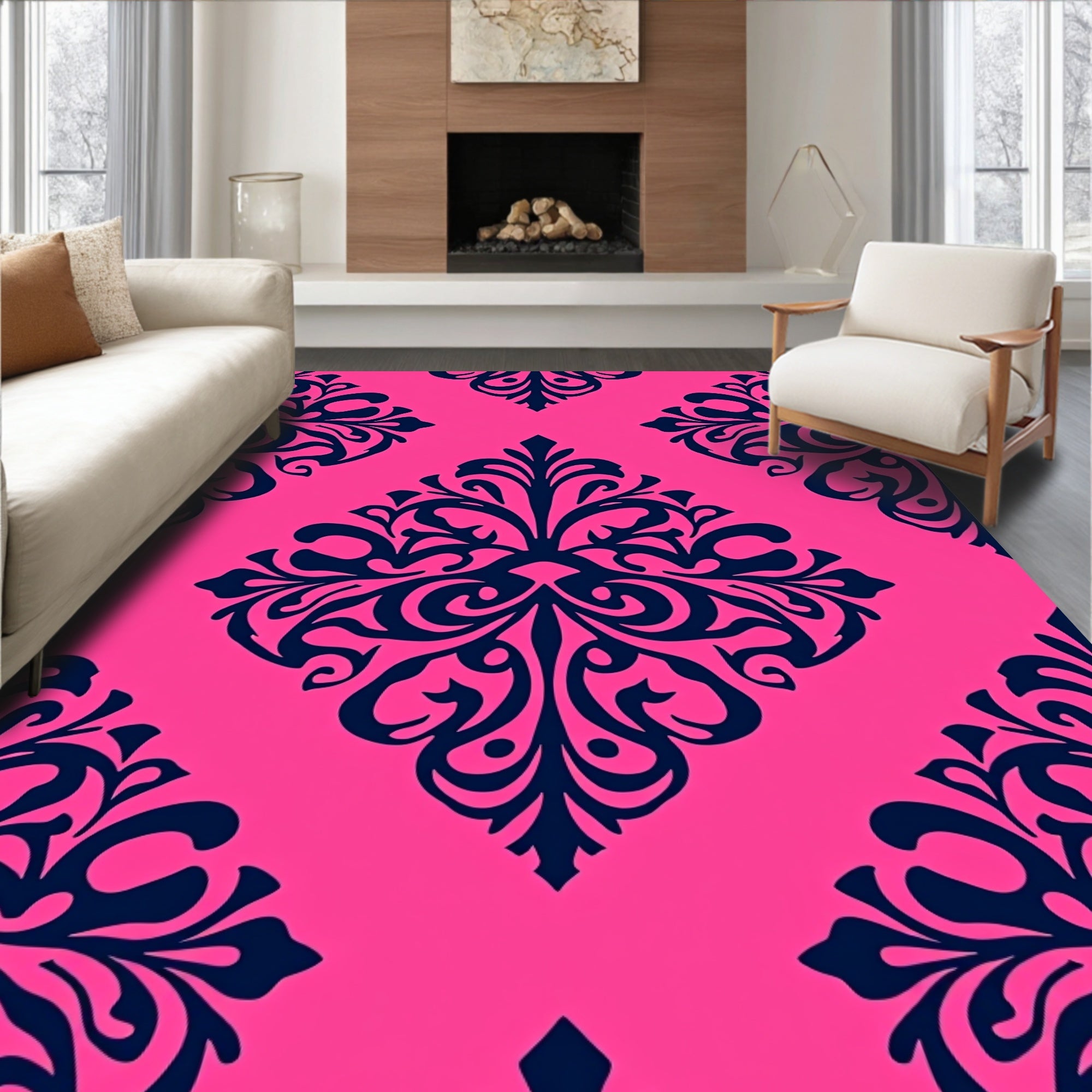Bright Pink Navy Damask Flourish Rug