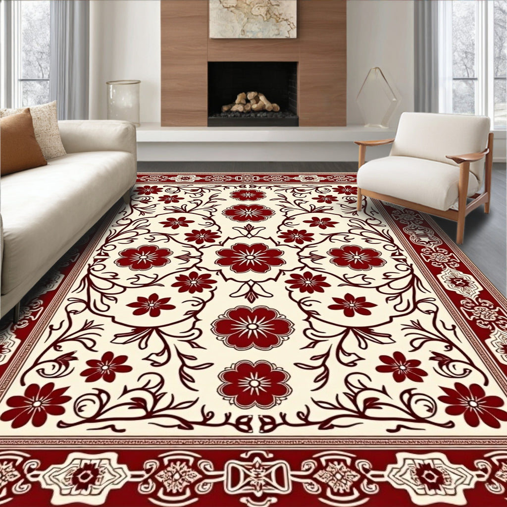 Crimson Floral Scrolling Vine Border Rug