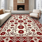 Crimson Floral Scrolling Vine Border Rug