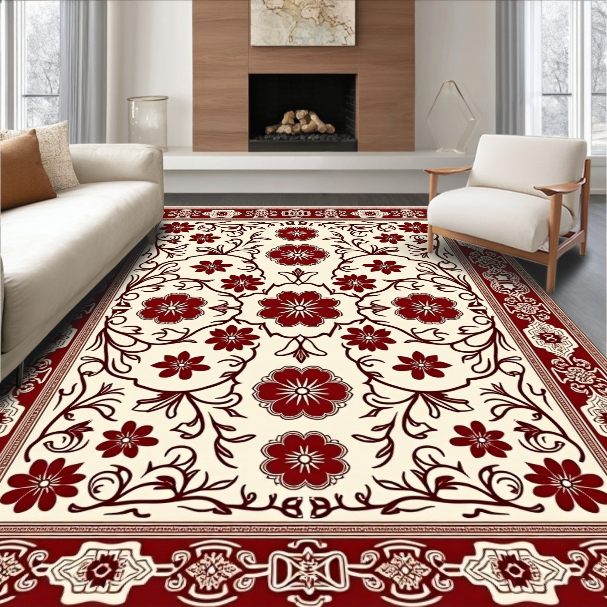 Crimson Floral Scrolling Vine Border Rug