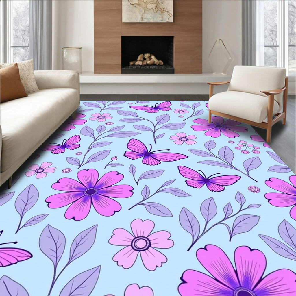 Purple Butterfly Floral Garden Rug