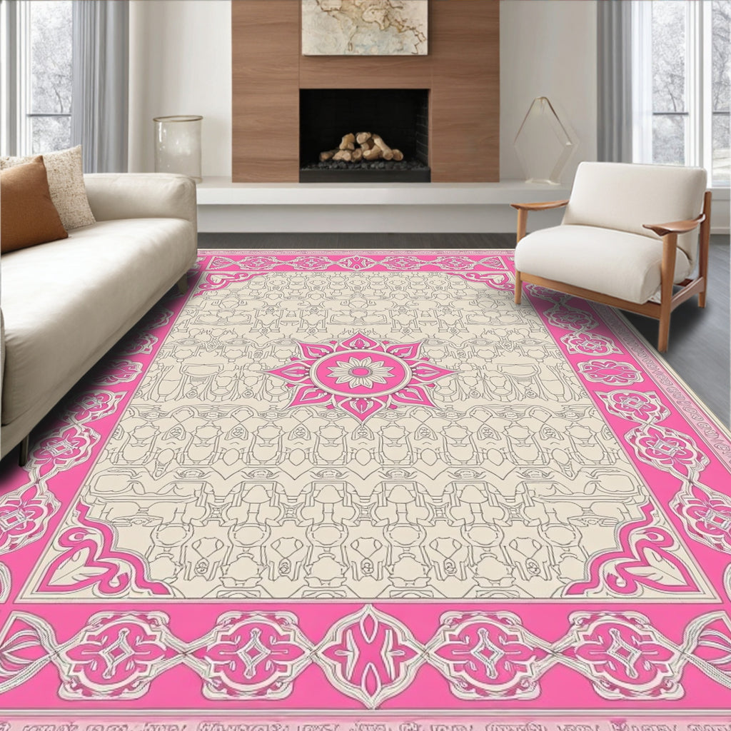 Vibrant Pink Floral Medallion Frame Rug