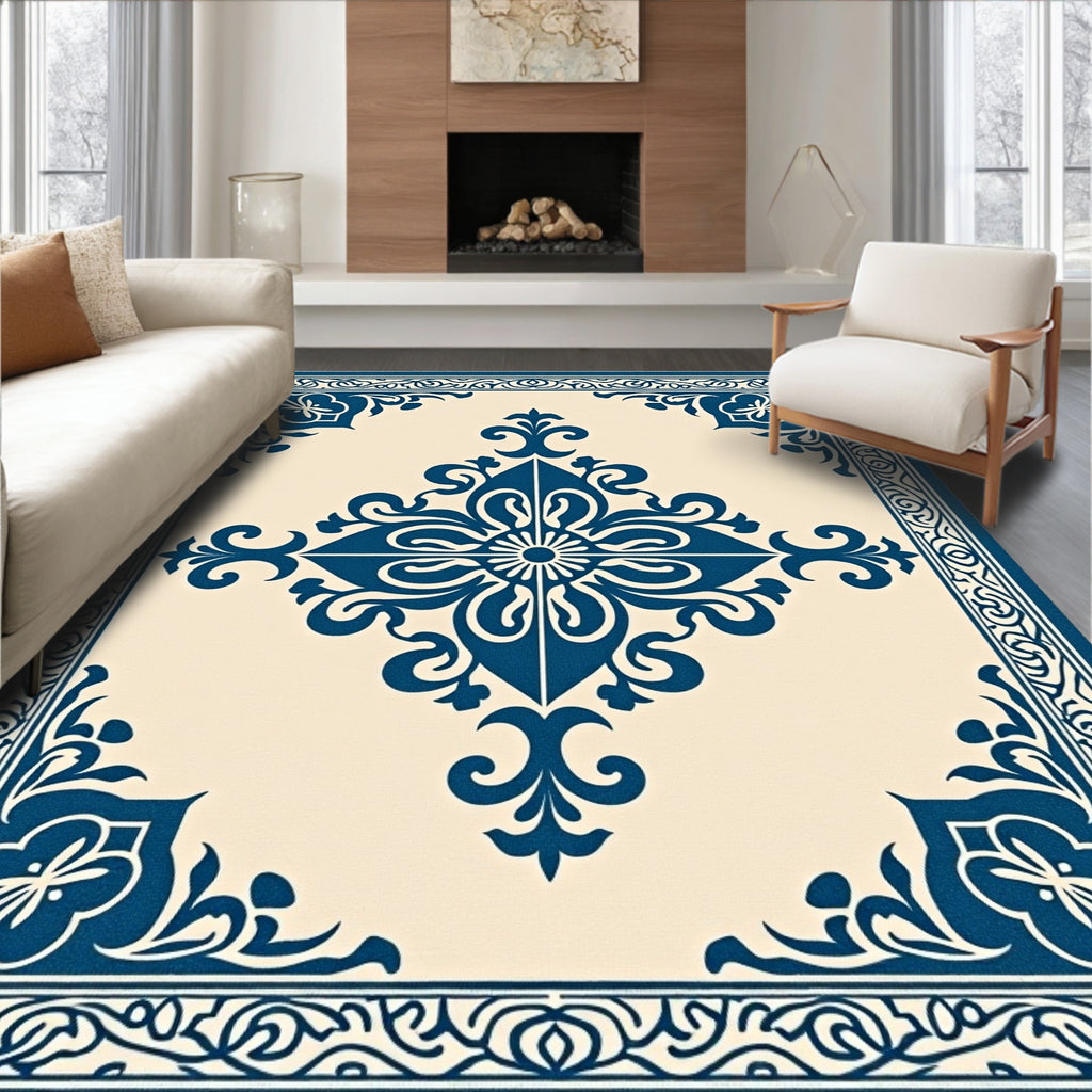Ornate Blue Flourish Symmetrical Arrangement Rug