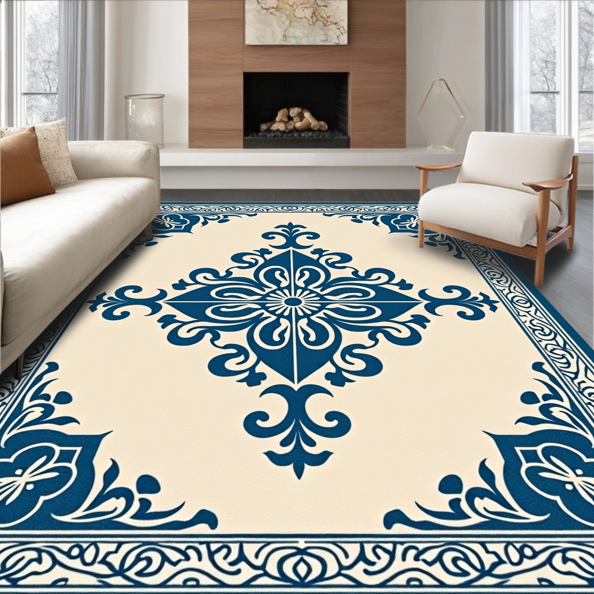 Ornate Blue Flourish Symmetrical Arrangement Rug