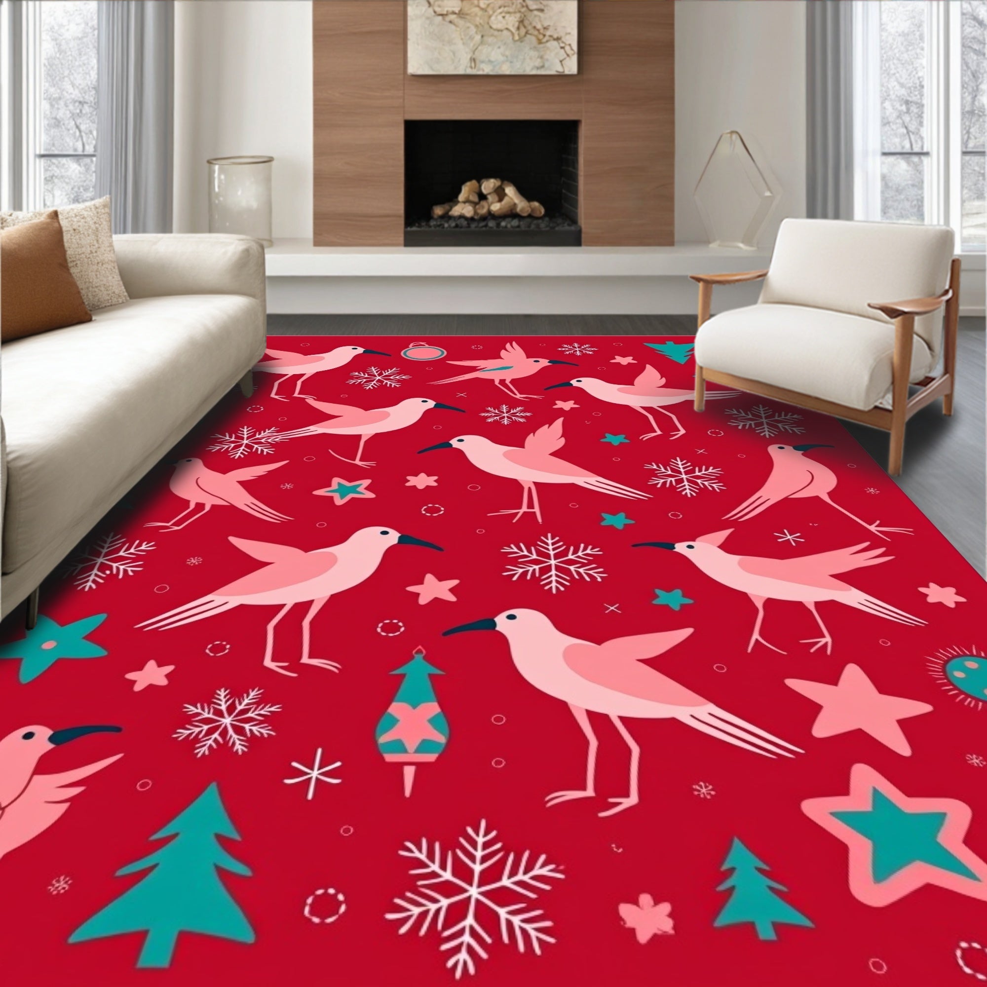 Pink Birds with Teal Stars Snowflakes Rug
