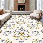 Cream Blue Gold Damask Accents Rug