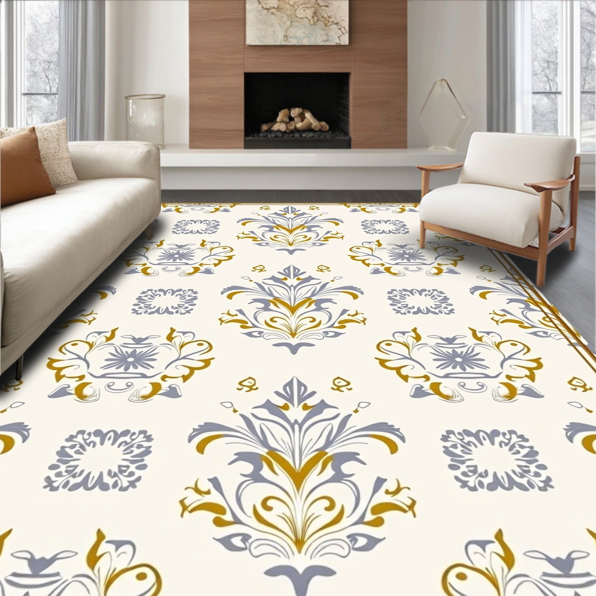 Cream Blue Gold Damask Accents Rug