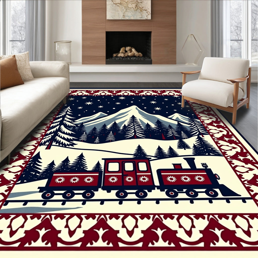 Crimson Train Snowy Mountain Woodland Border Rug