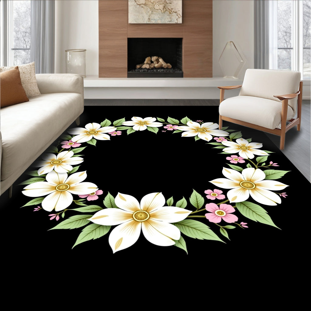 Large White Pink Floral Garland Rug
