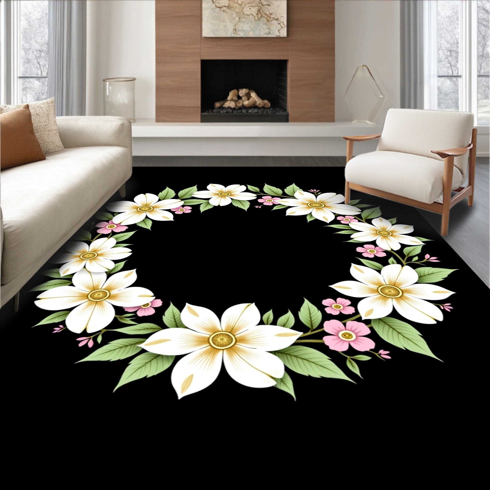 Large White Pink Floral Garland Rug
