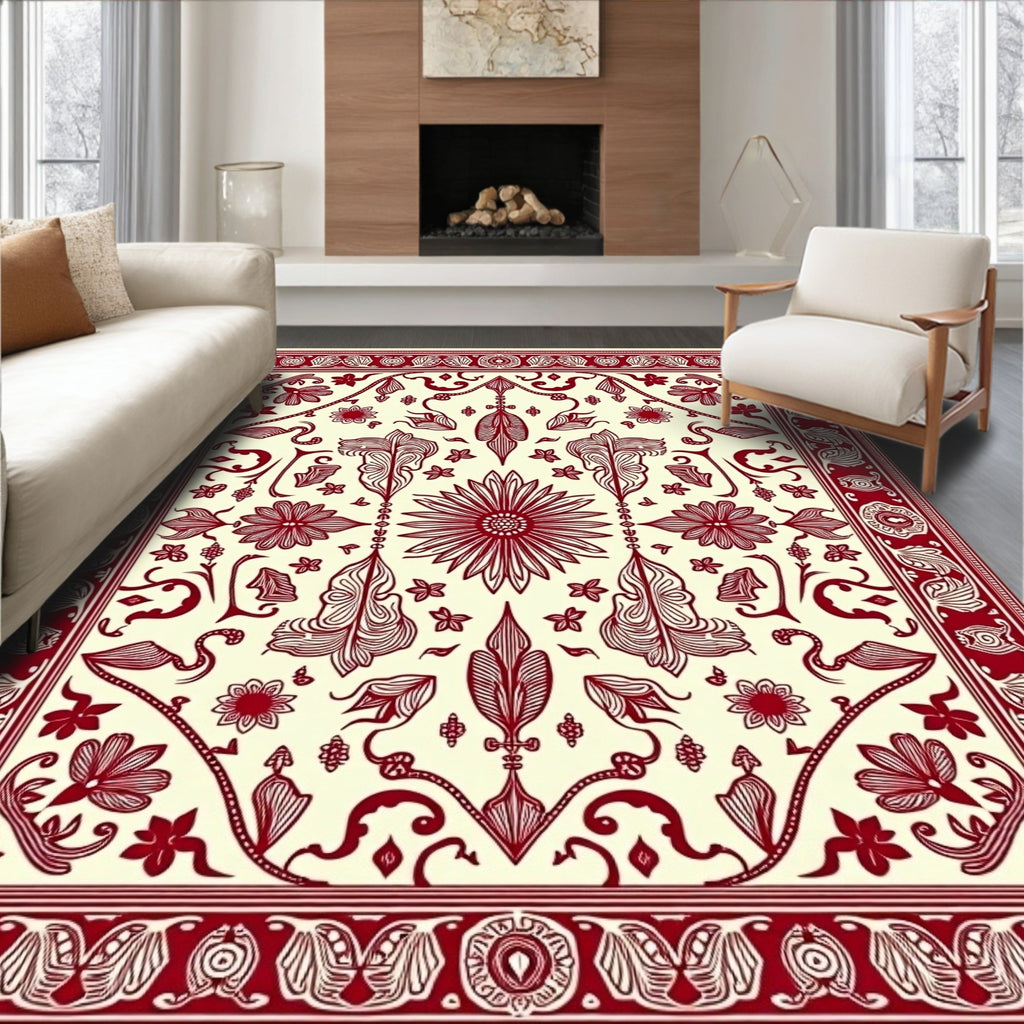 Crimson Floral Swirl Border Rug