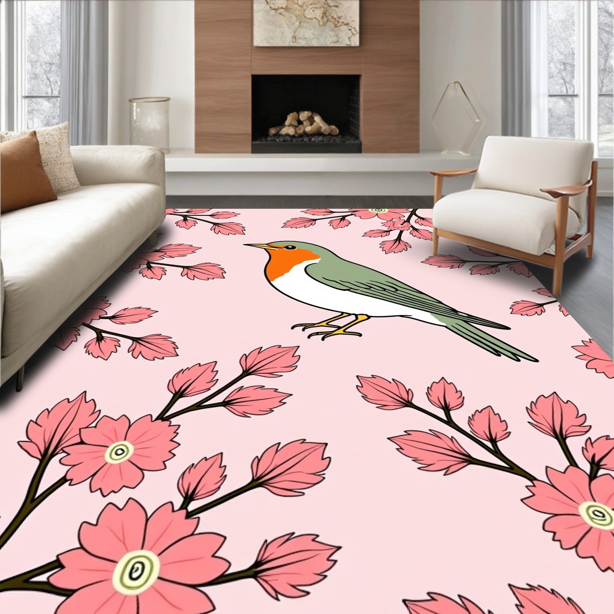 Pink Robin Blossom Branch Rug