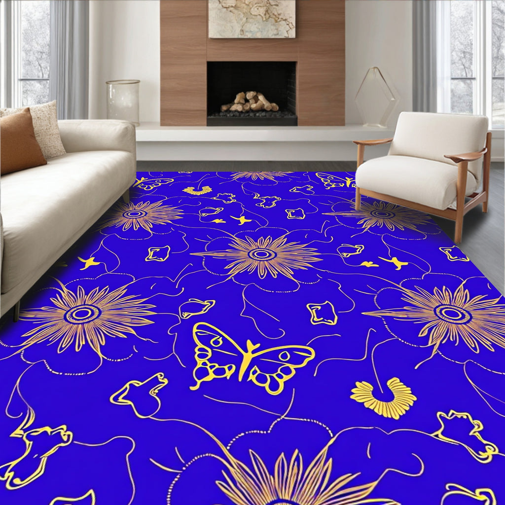 Golden Butterflies Blue Floral Rug
