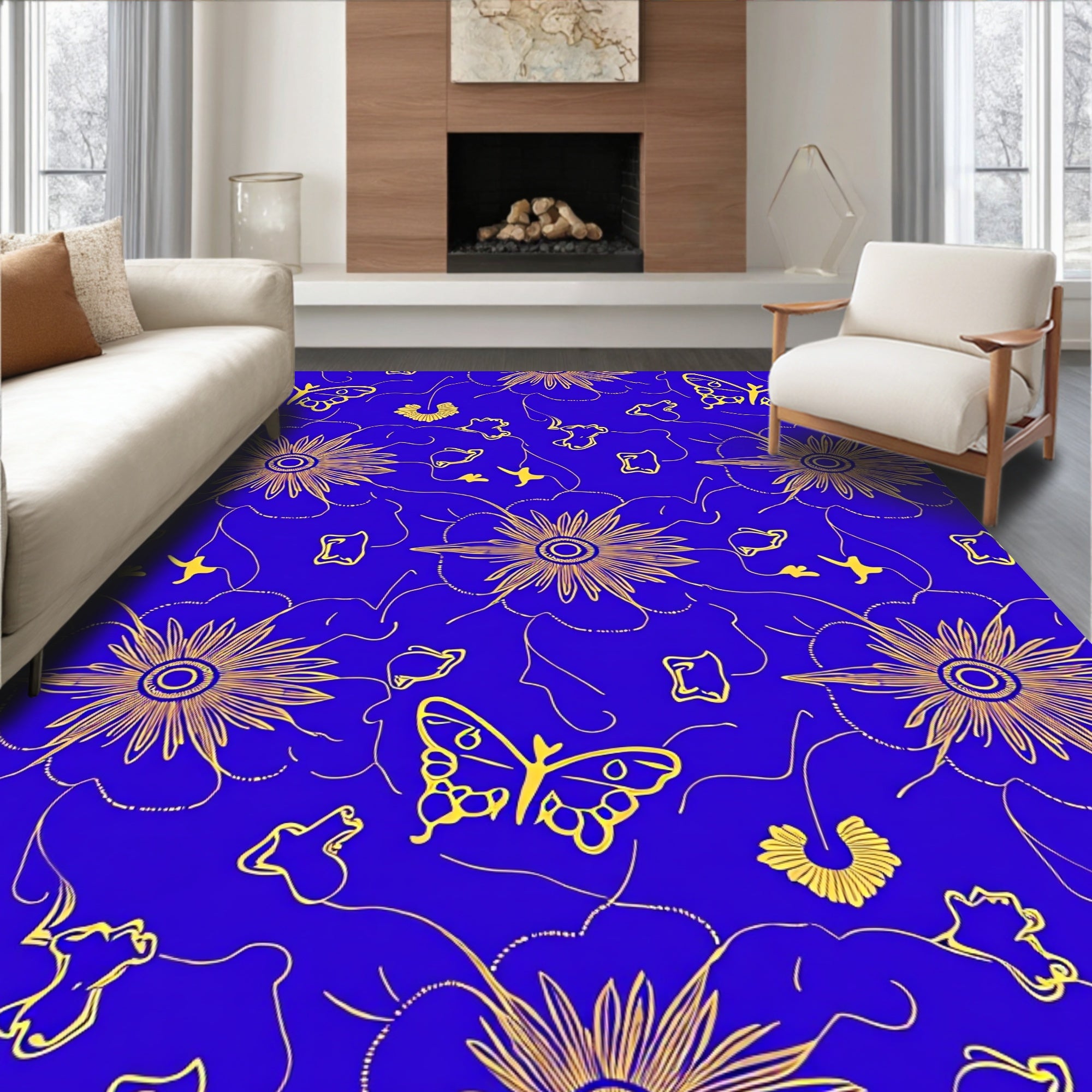 Golden Butterflies Blue Floral Rug