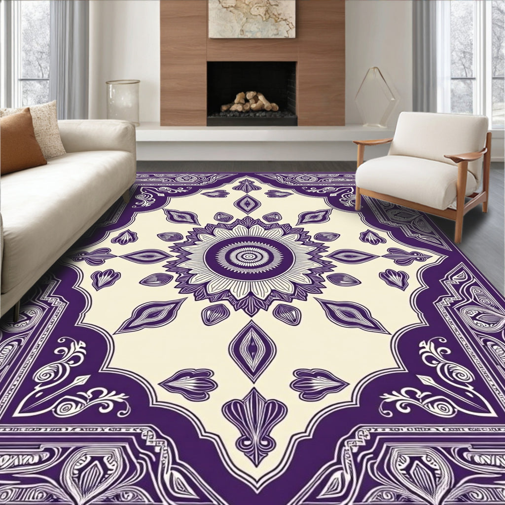 Ornate Purple Sunflower Medallion Border Rug