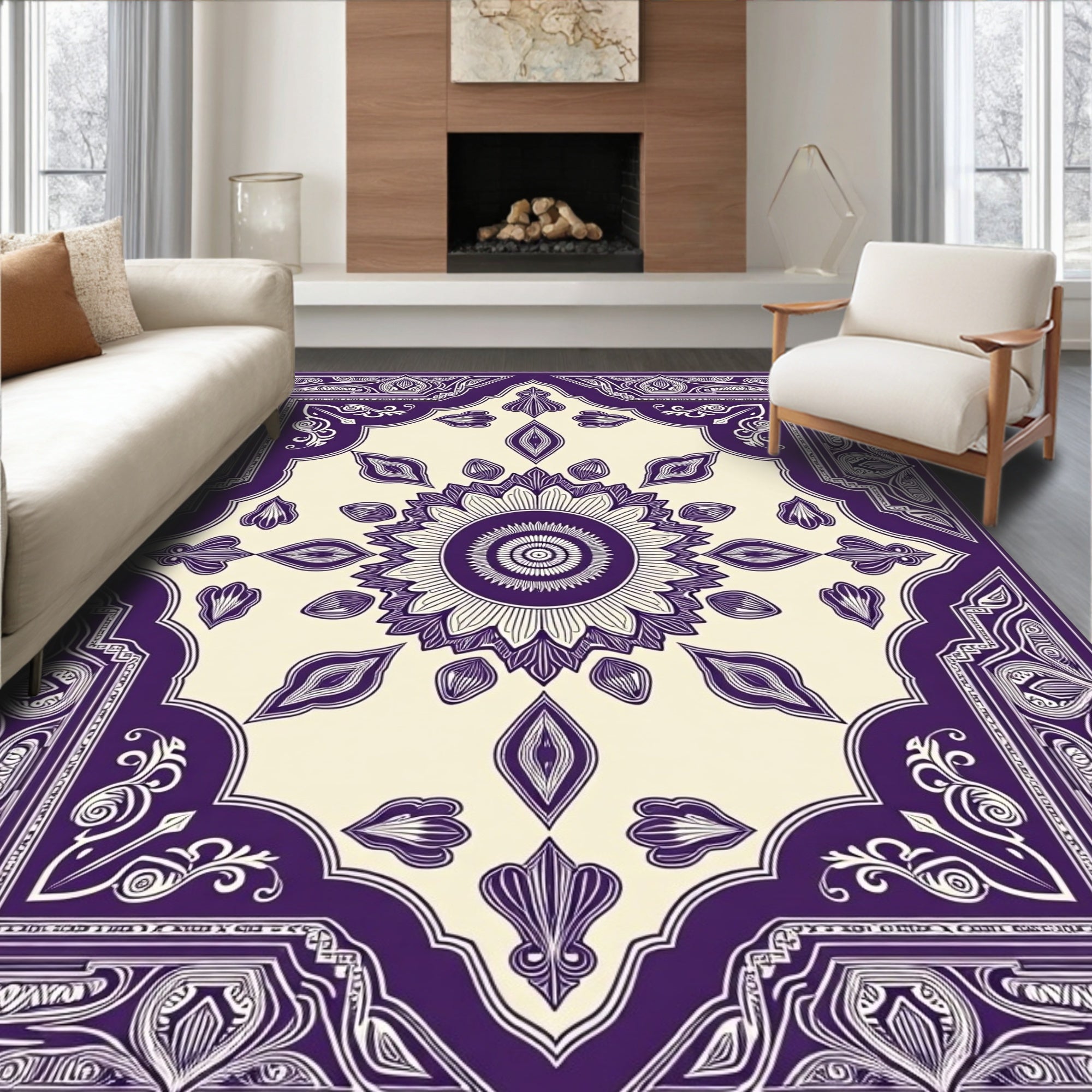 Ornate Purple Sunflower Medallion Border Rug