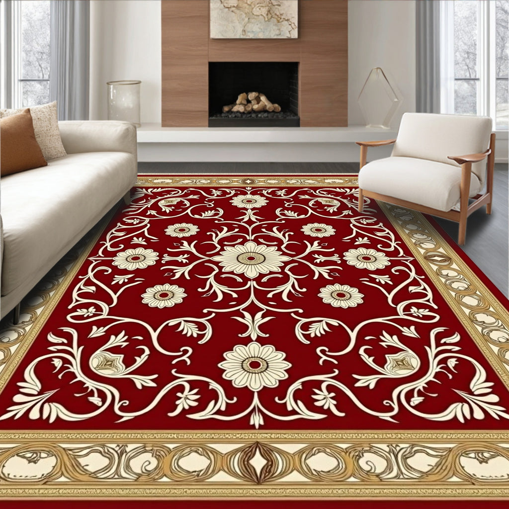 Ornate Crimson Floral Garden Rug