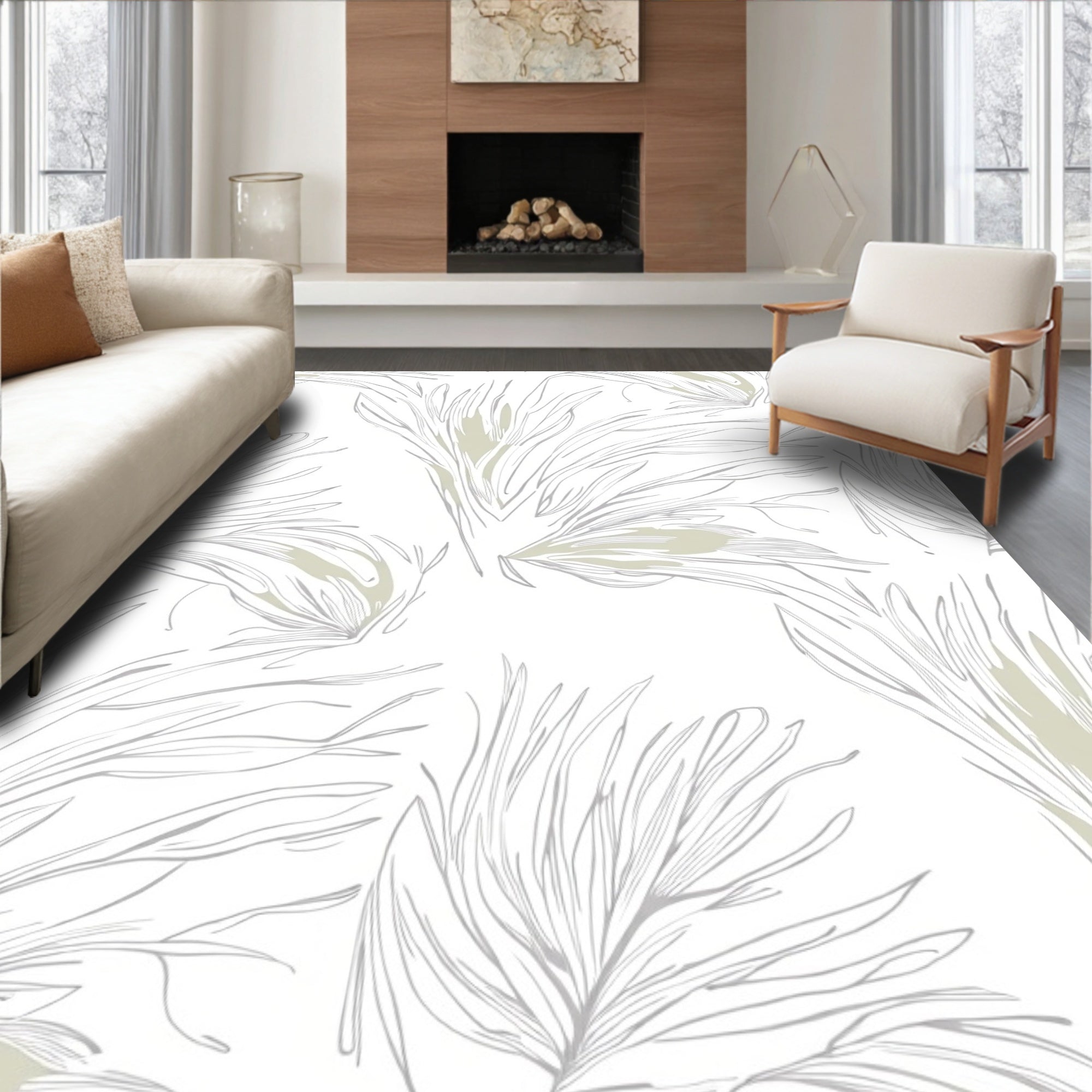 Neutral Feathered Palm Frond Rug