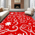 Red White Festive Reindeer Snowflakes Swirls Rug