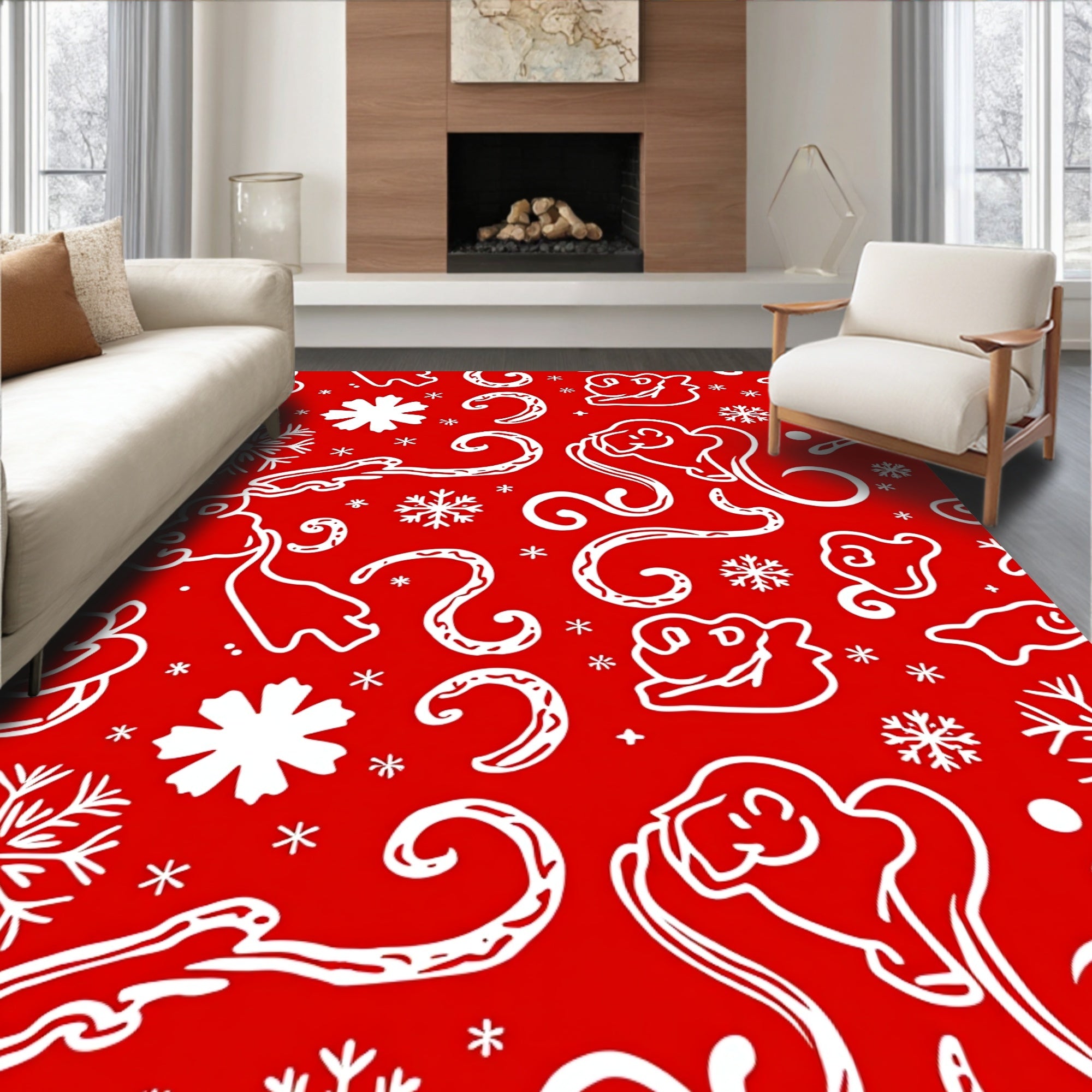 Red White Festive Reindeer Snowflakes Swirls Rug