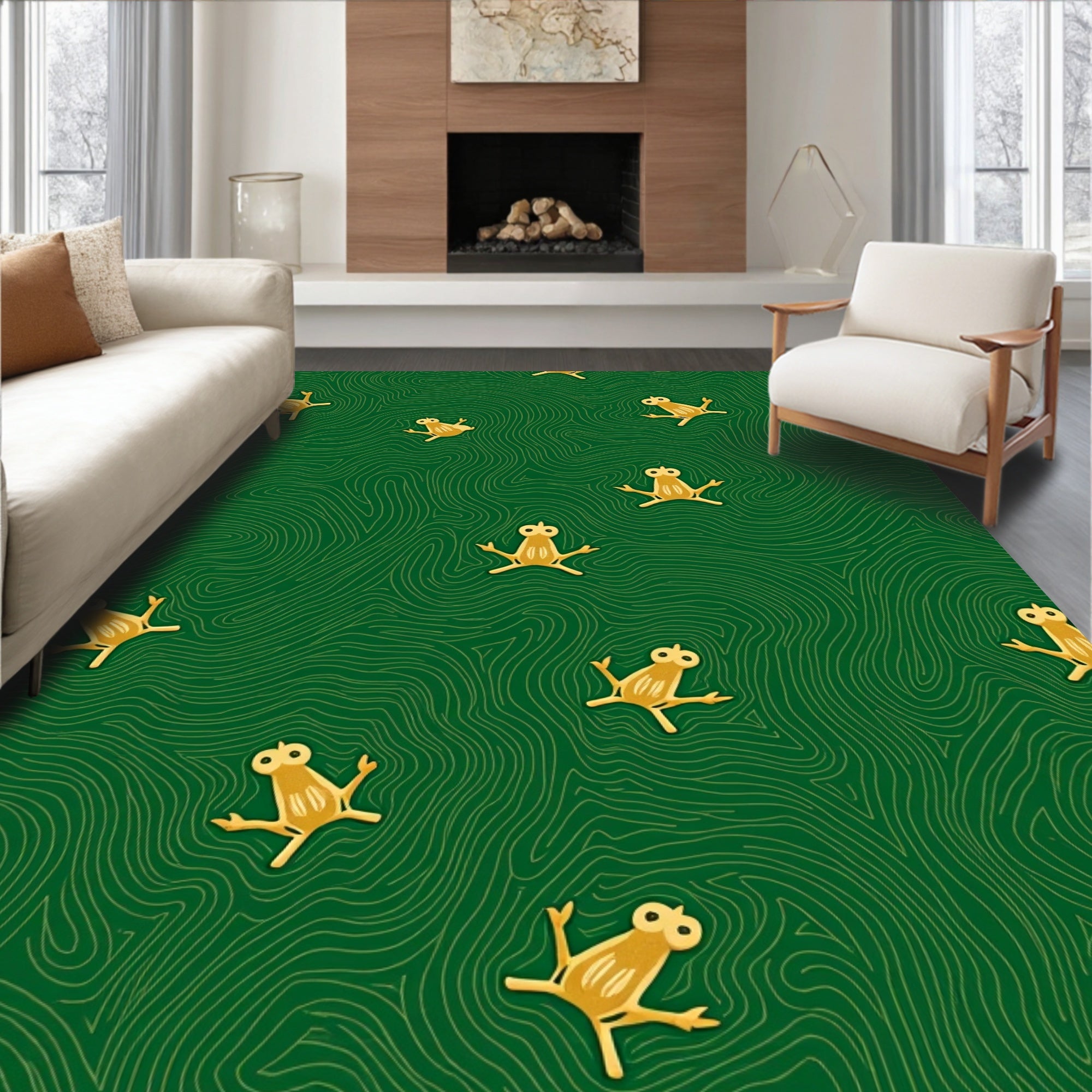 Golden Frogs on Winding Green Background Rug