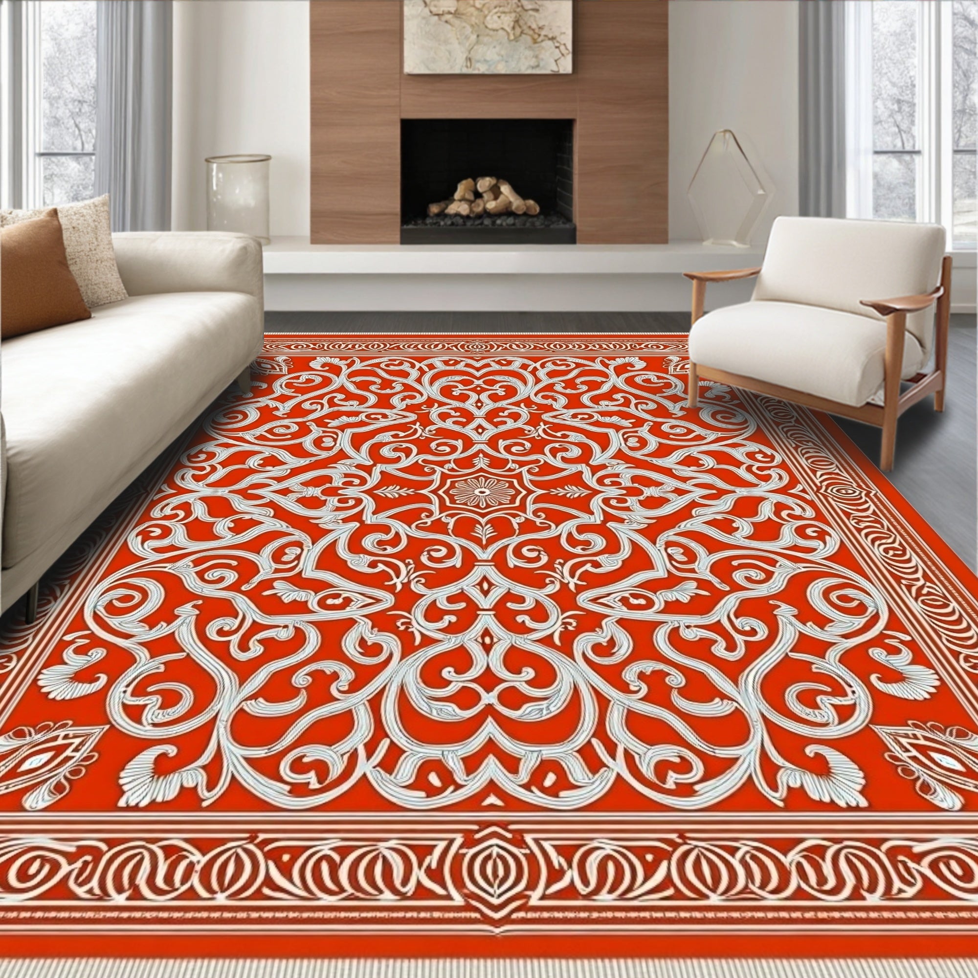 Classic Red White Intricate Floral Rug