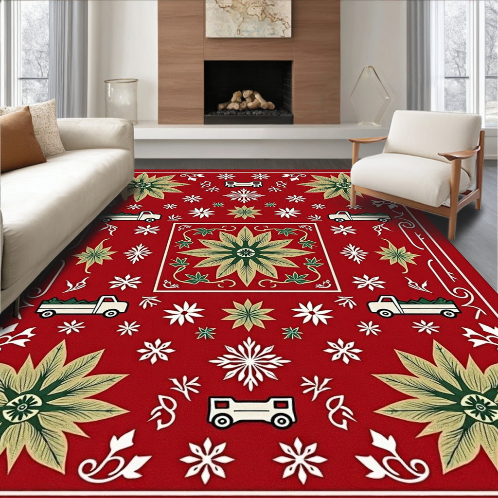Red Flower Truck Snowflake Medley Rug