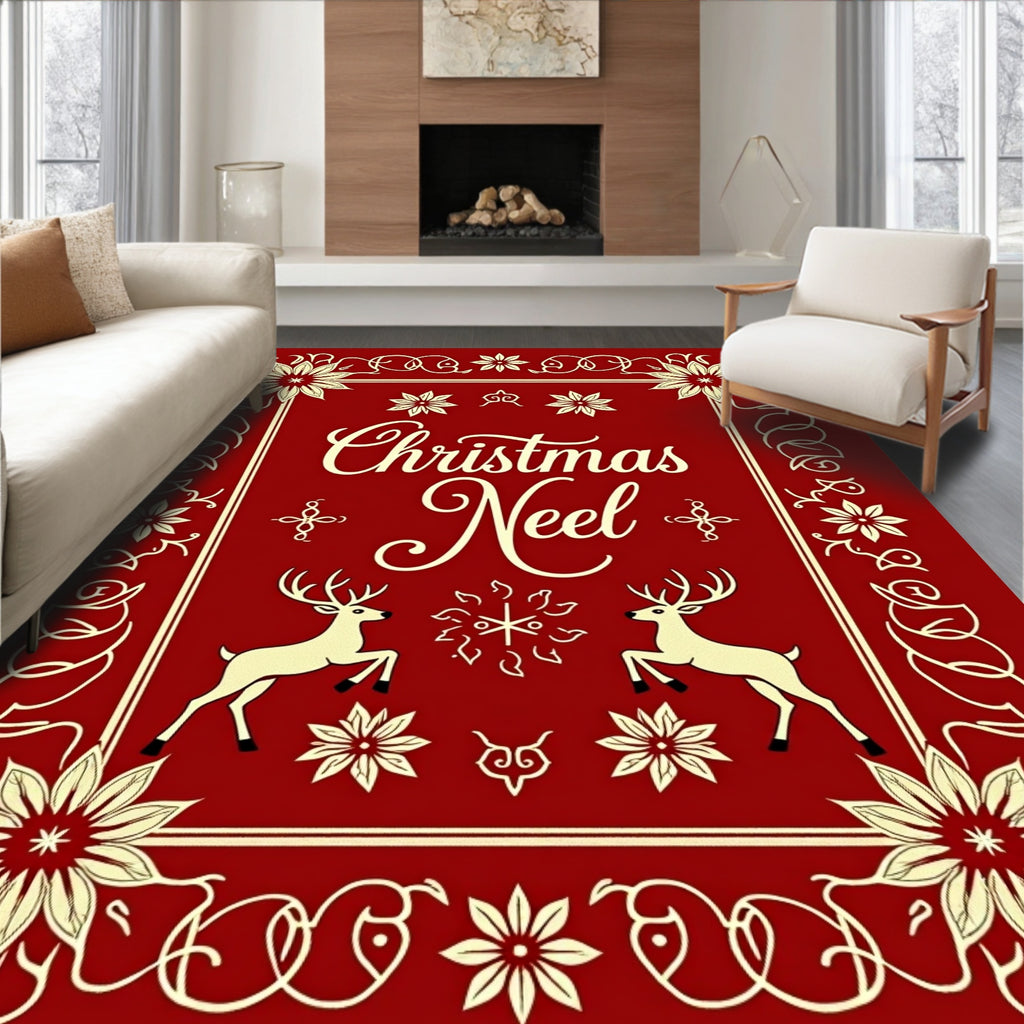 Crimson Deer Floral Christmas Border Rug