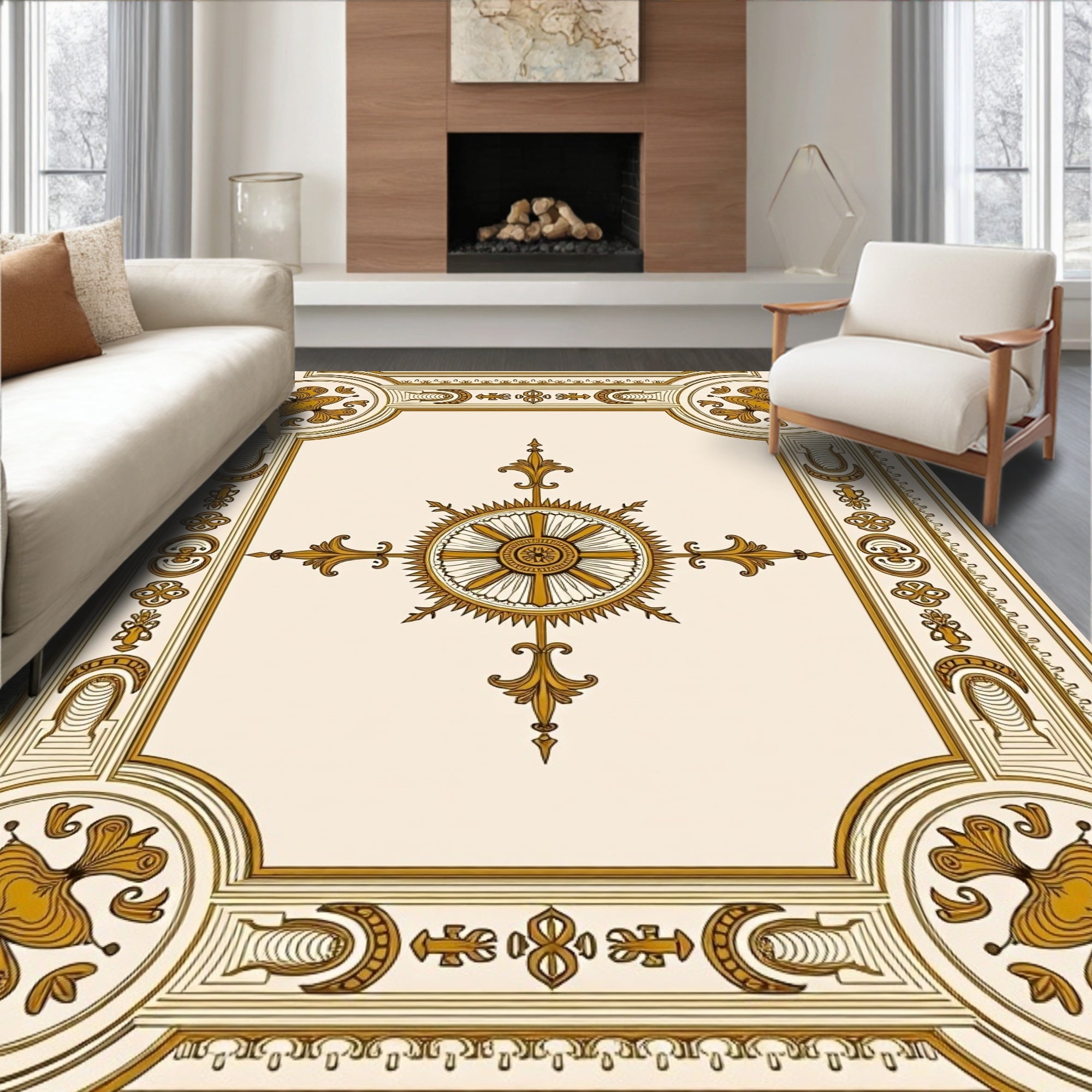 Ornate Gold and Cream Celestial Star Rug