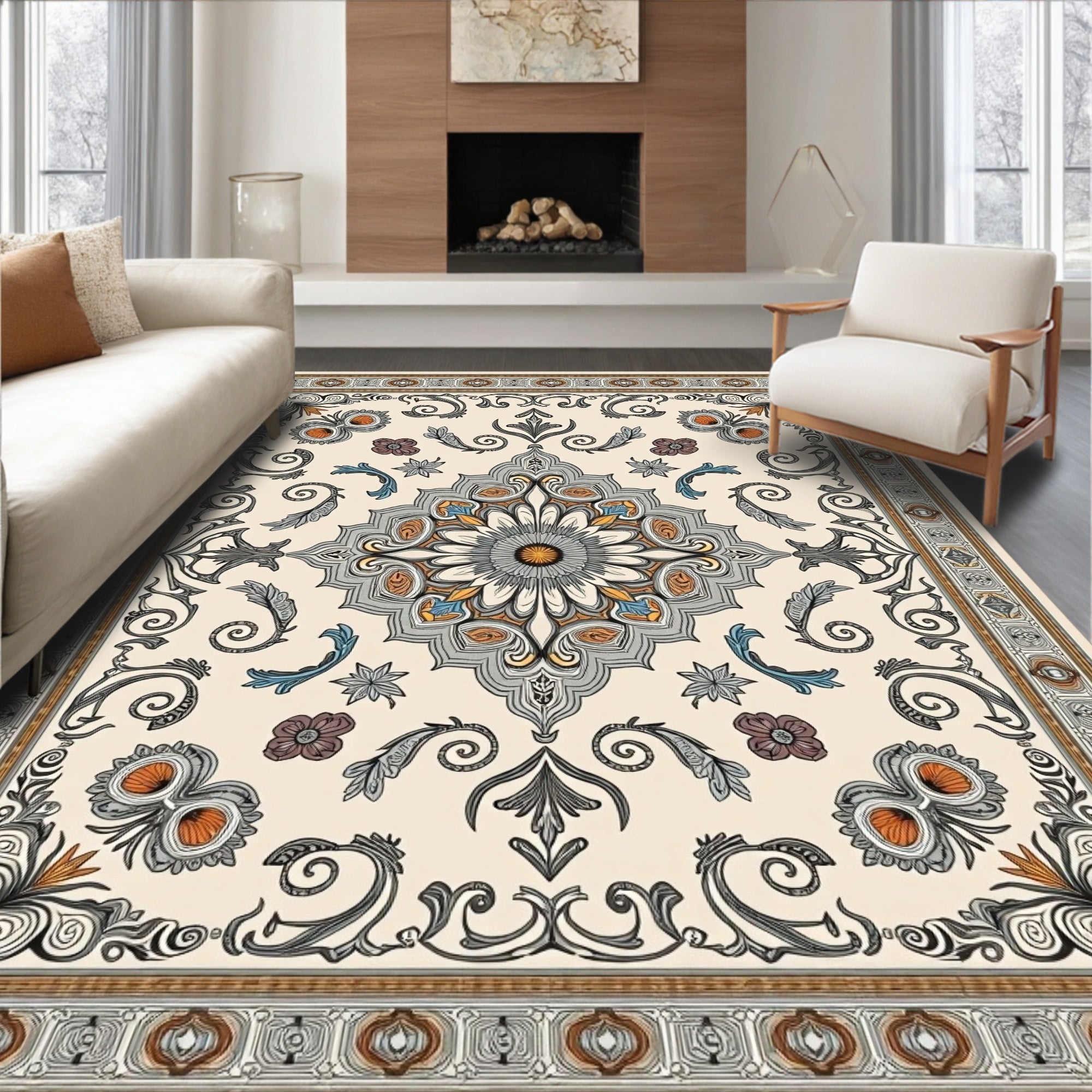 Ornate Floral Medallion Cream Rug