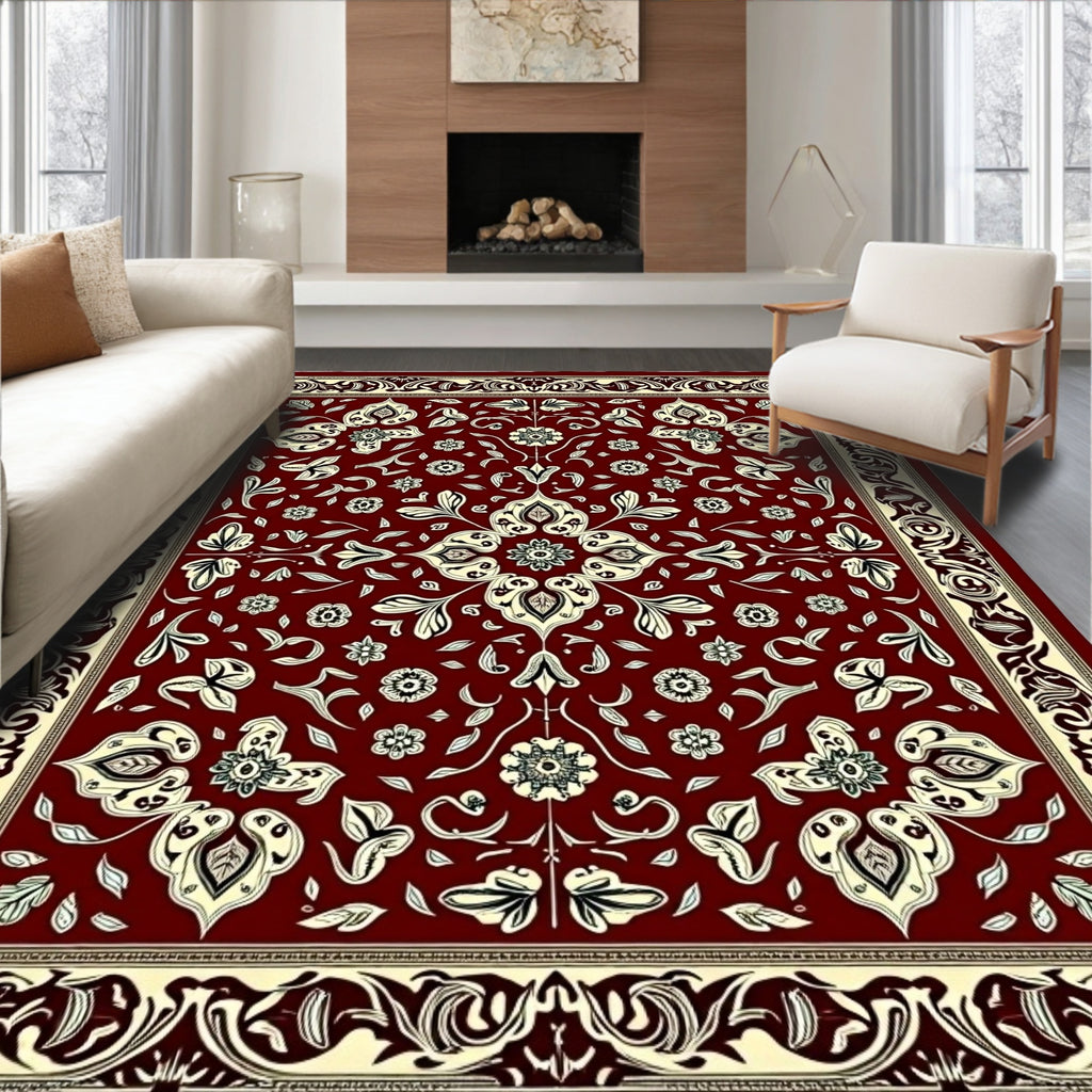 Rich Crimson Botanical Bloom Border Rug
