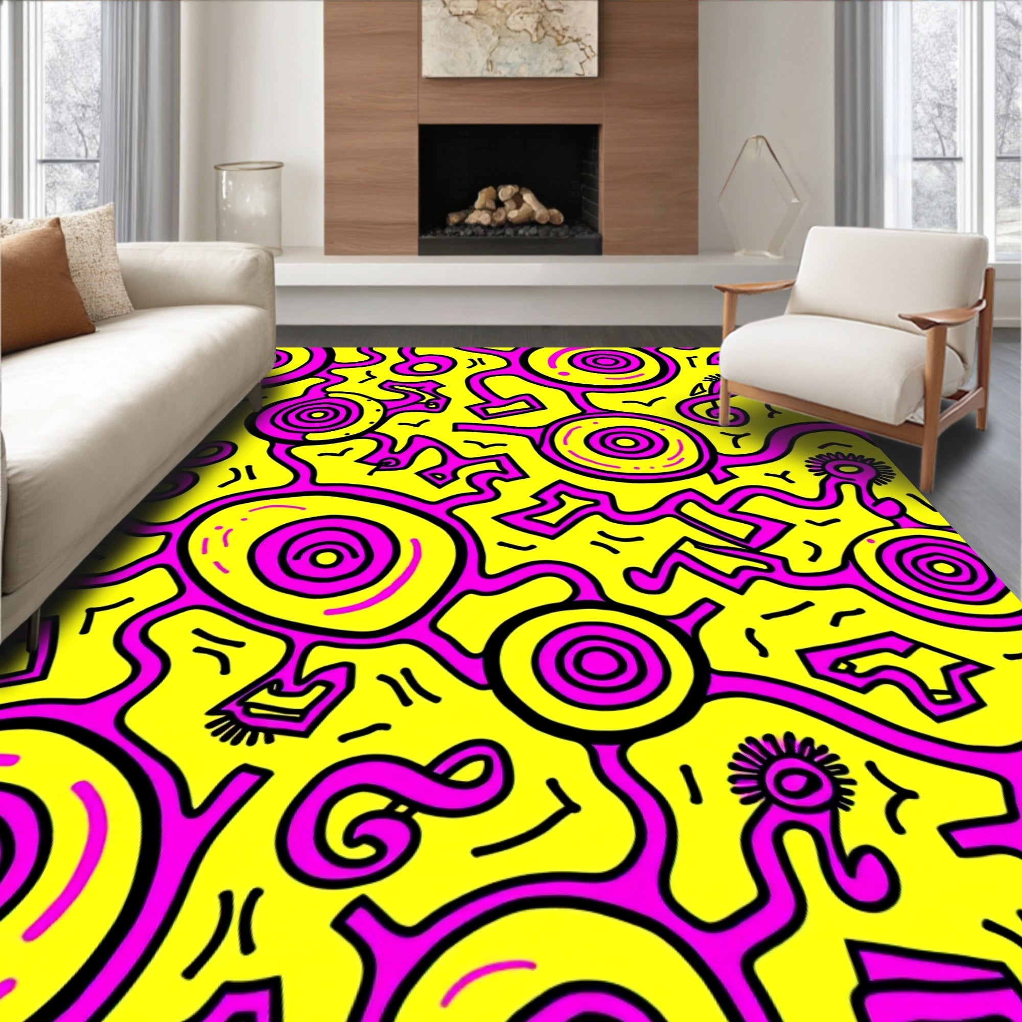 Vibrant Pink And Yellow Doodles Rug
