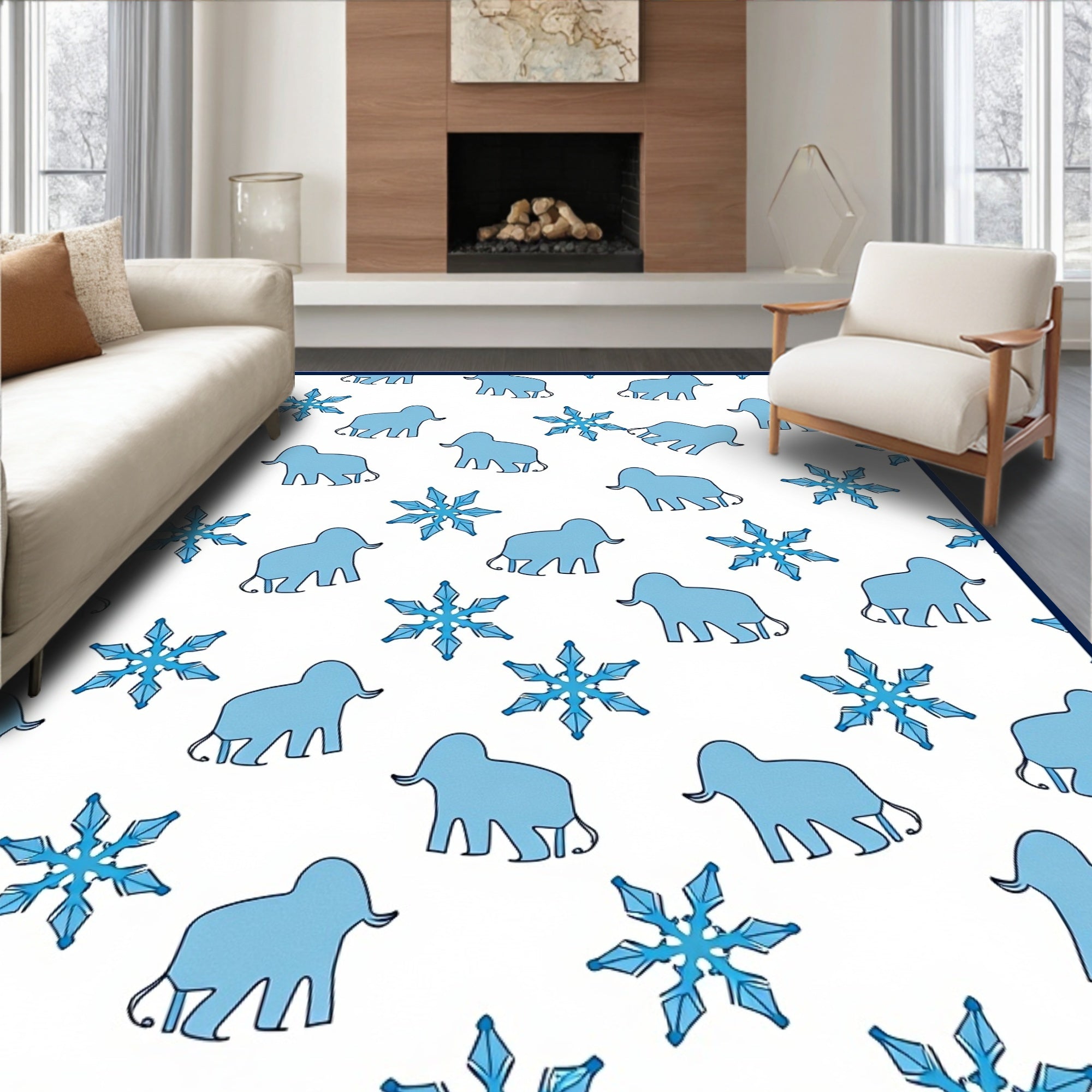Playful Blue Elephant Snowflake Repeat Rug