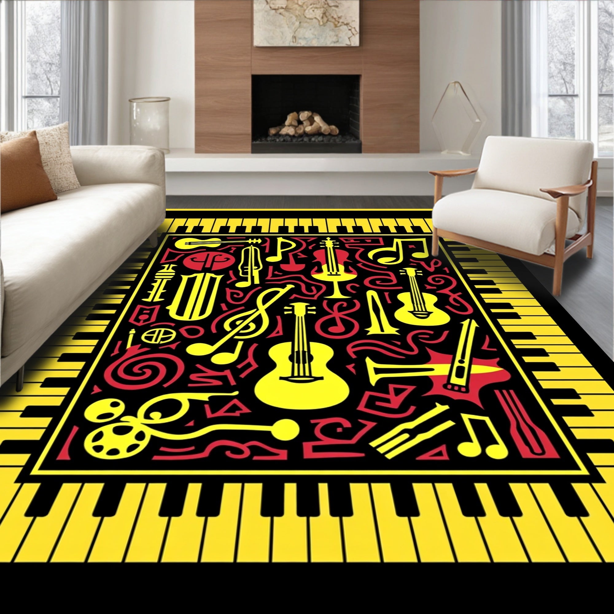 Retro Red Yellow Instrument Collage Rug