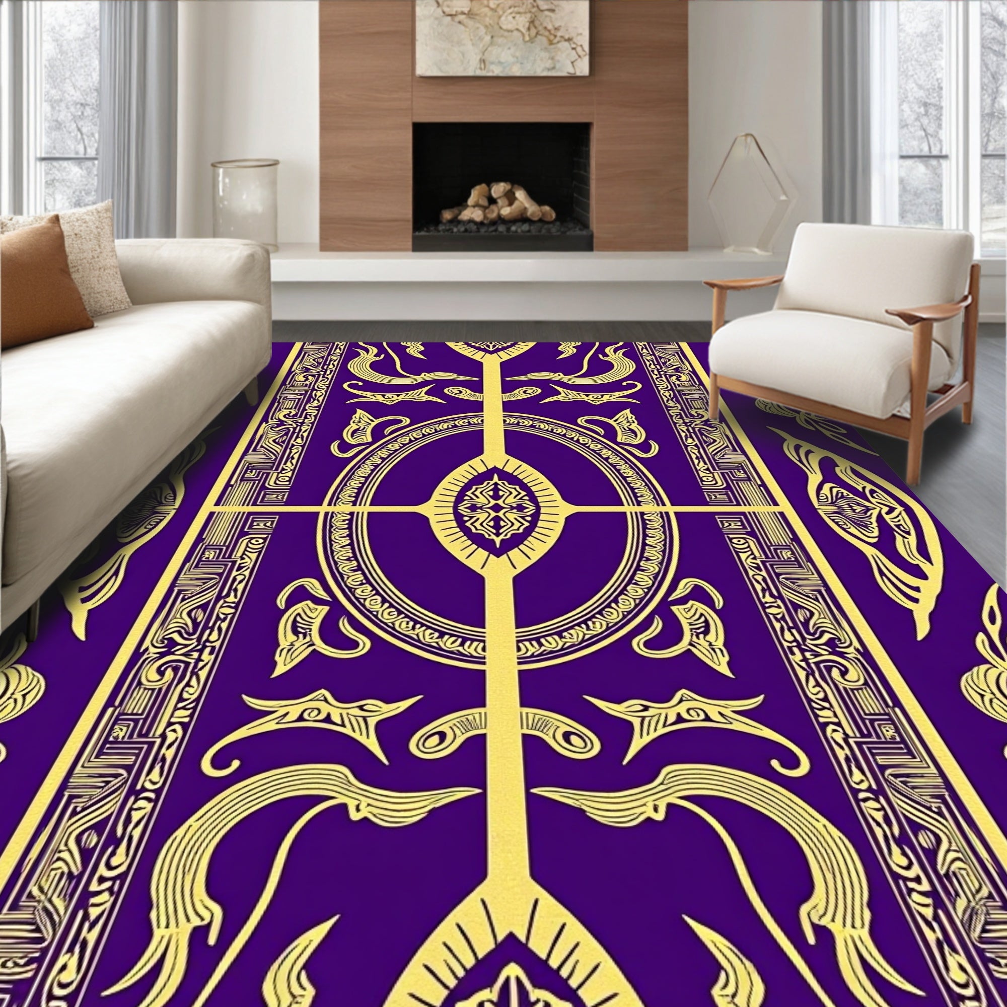 Royal Purple Golden Ornate Vertical Medallion Rug