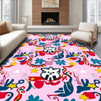 Whimsical Cat Stars Floral Pink Rug