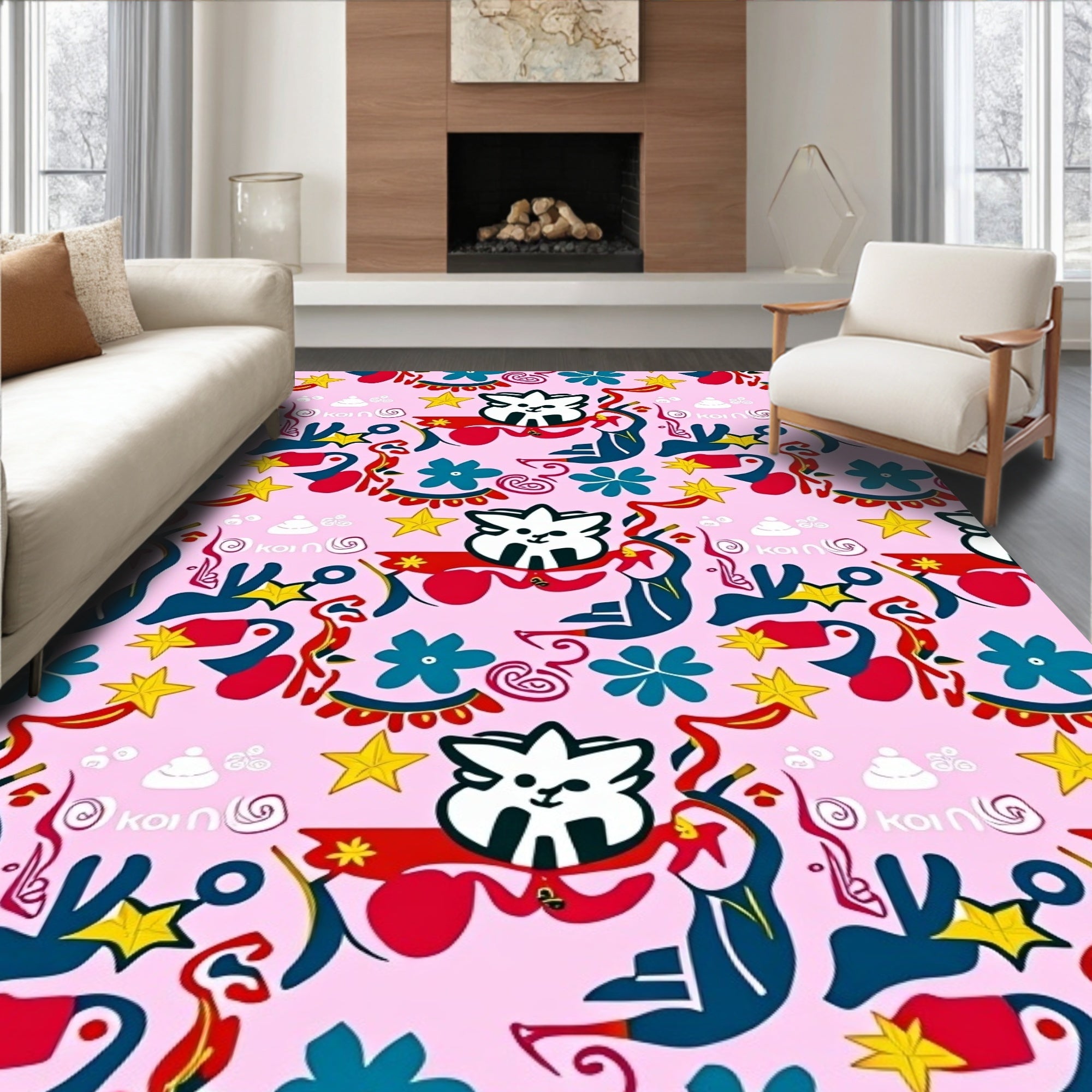 Whimsical Cat Stars Floral Pink Rug