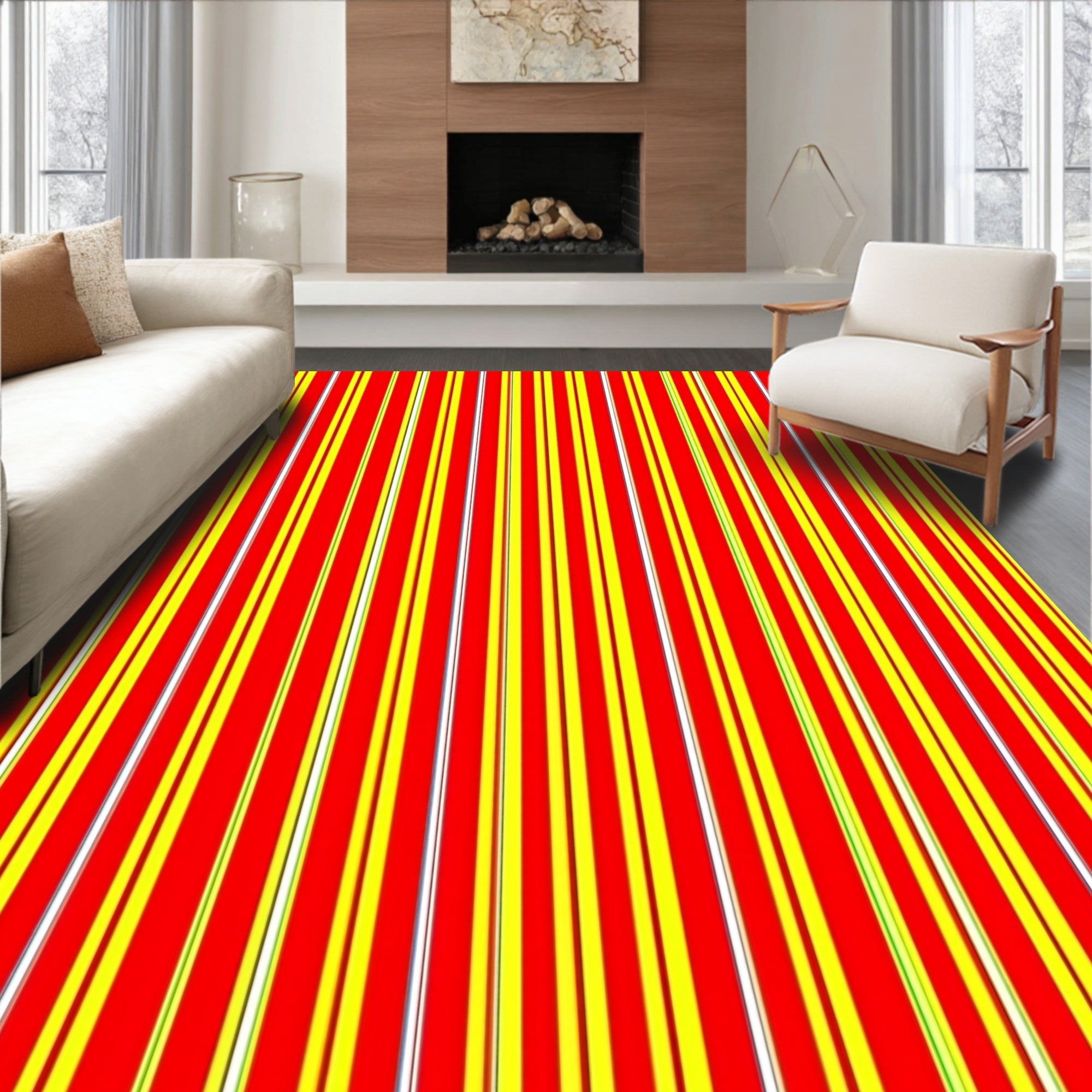 Vibrant Red Yellow Stripe Composition Rug