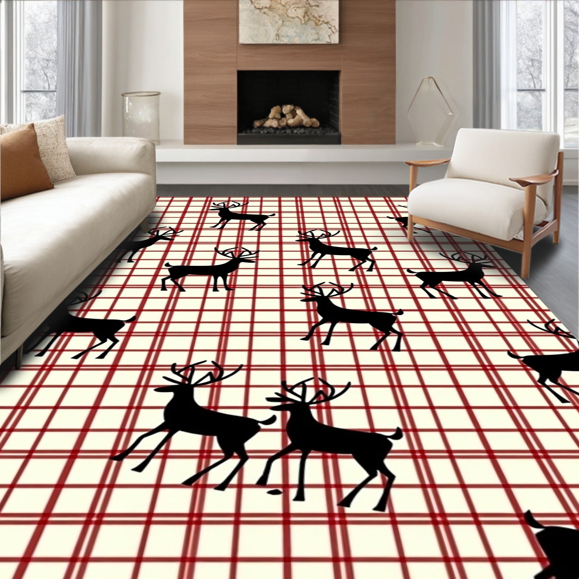 Cream Red Plaid Deer Silhouette Rug