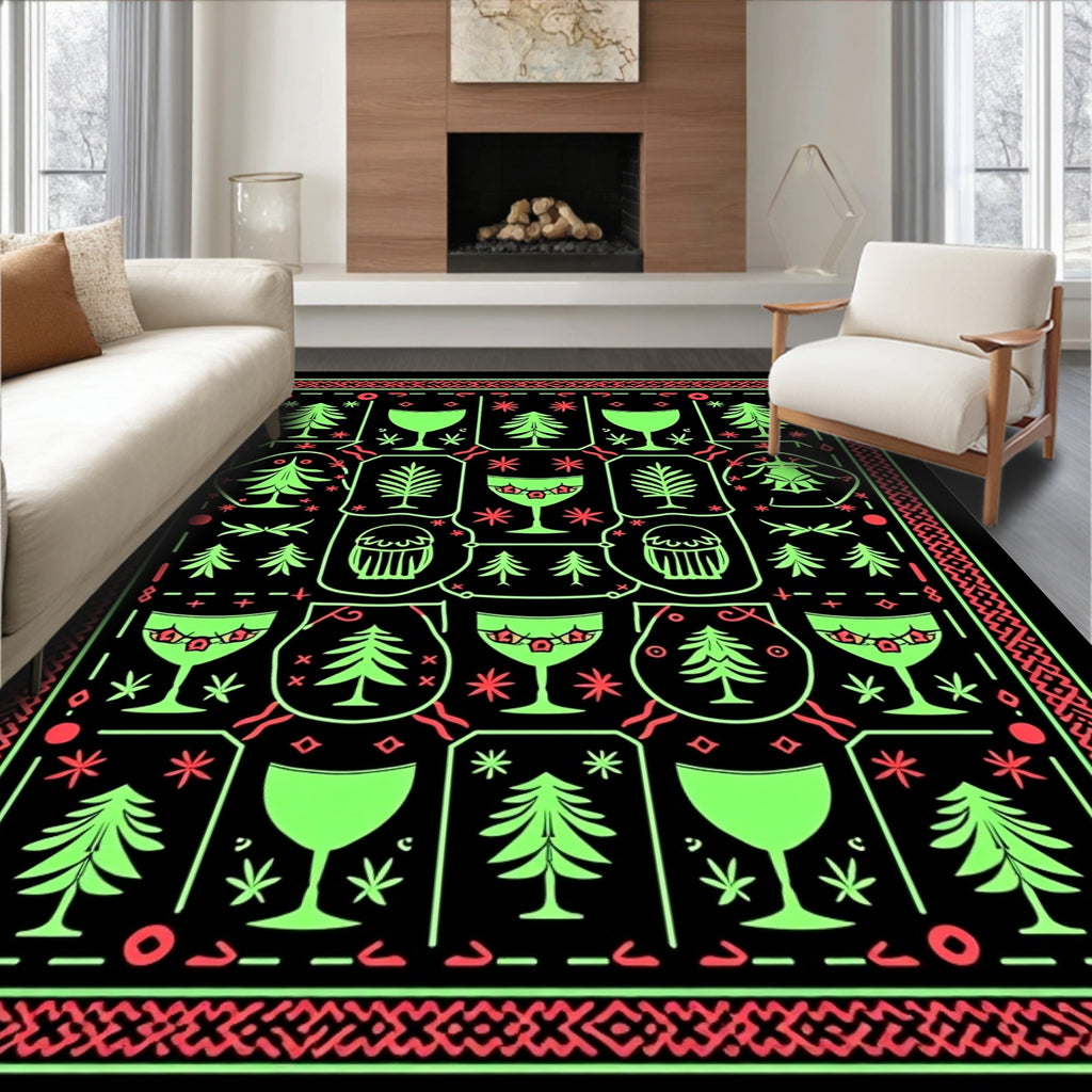 Neon Green Festive Tree and Glass Collage Rug