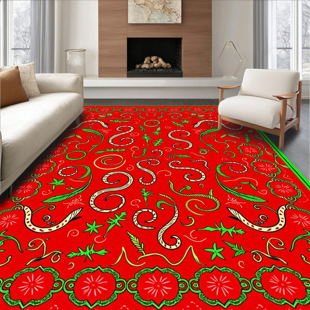 Crimson Swirls And Green Foliage Rug