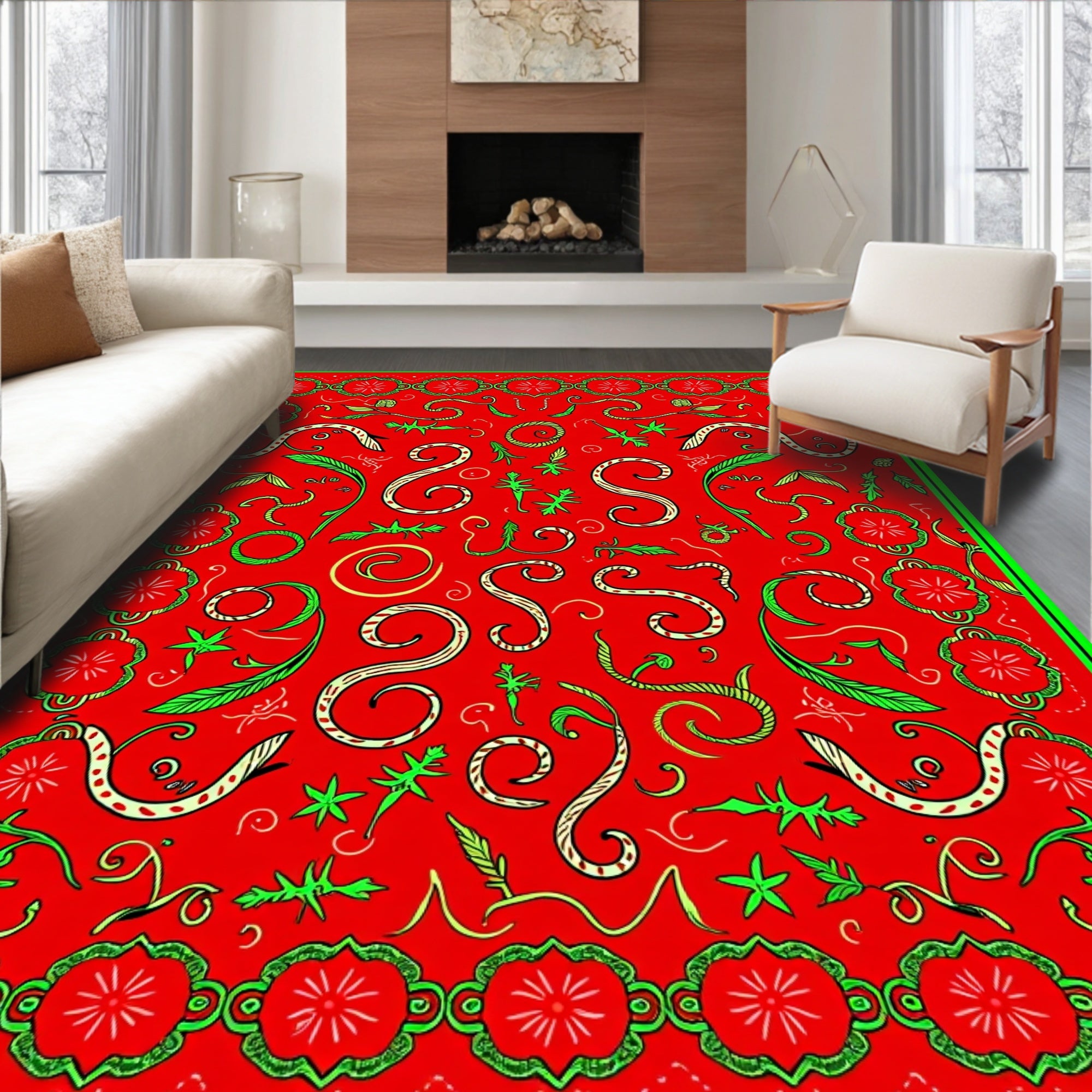 Crimson Swirls And Green Foliage Rug