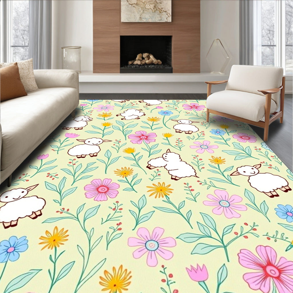 Whimsical Sheep Floral Garden Rug