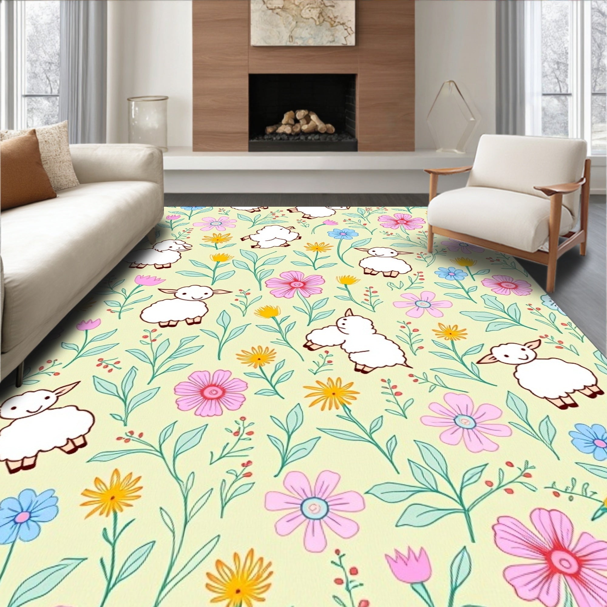 Whimsical Sheep Floral Garden Rug