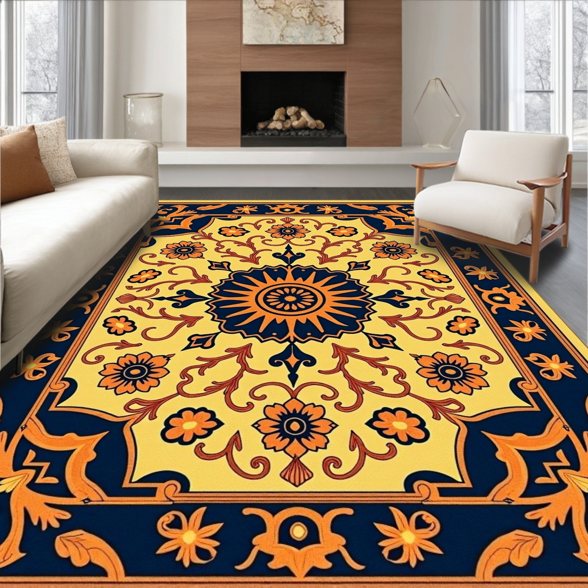 Golden Yellow Floral Medallion Rug